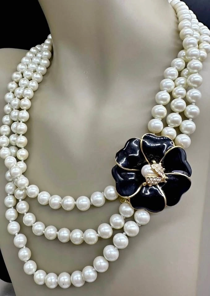 Chanel Inspired Triple Row Brillant Pearl Ladybug Necklace