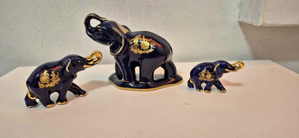 Set of 3 Vintage Limoges France Cobalt Blue & 22K Gold Elephant