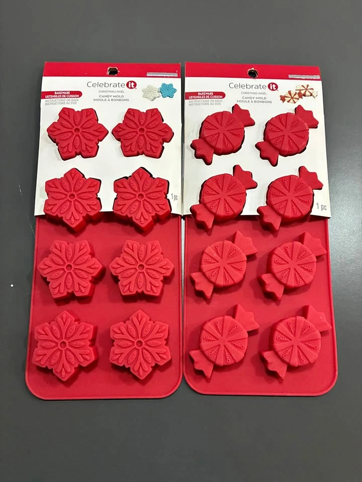 2 Red Candy Molds (Snowflake & Candy Wrapper Designs) - Unused