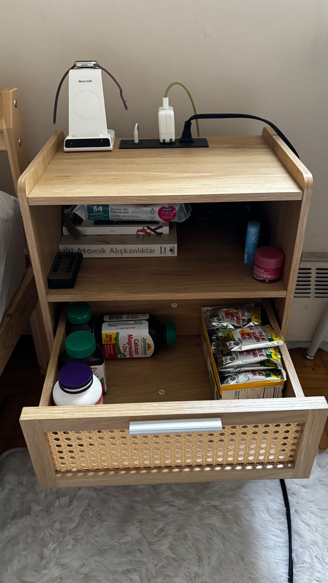 Modern Bedside Table Nightstand with Rattan Drawer