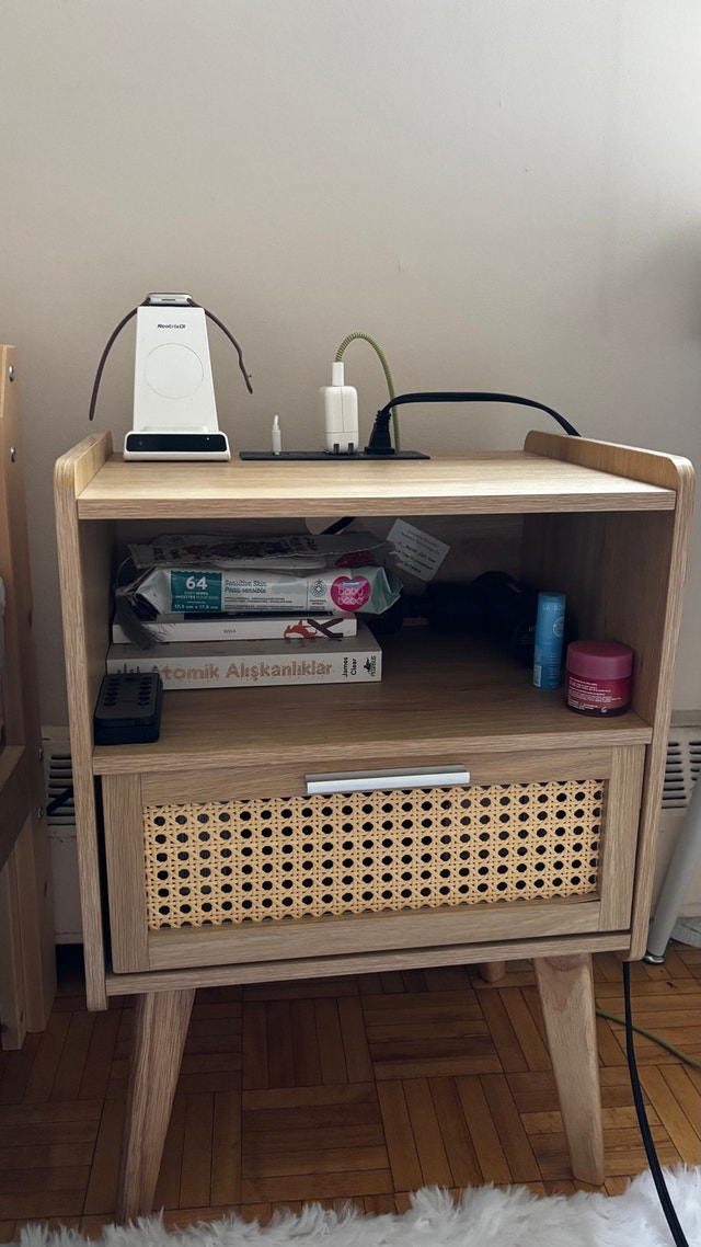 Modern Bedside Table Nightstand with Rattan Drawer - photo 2