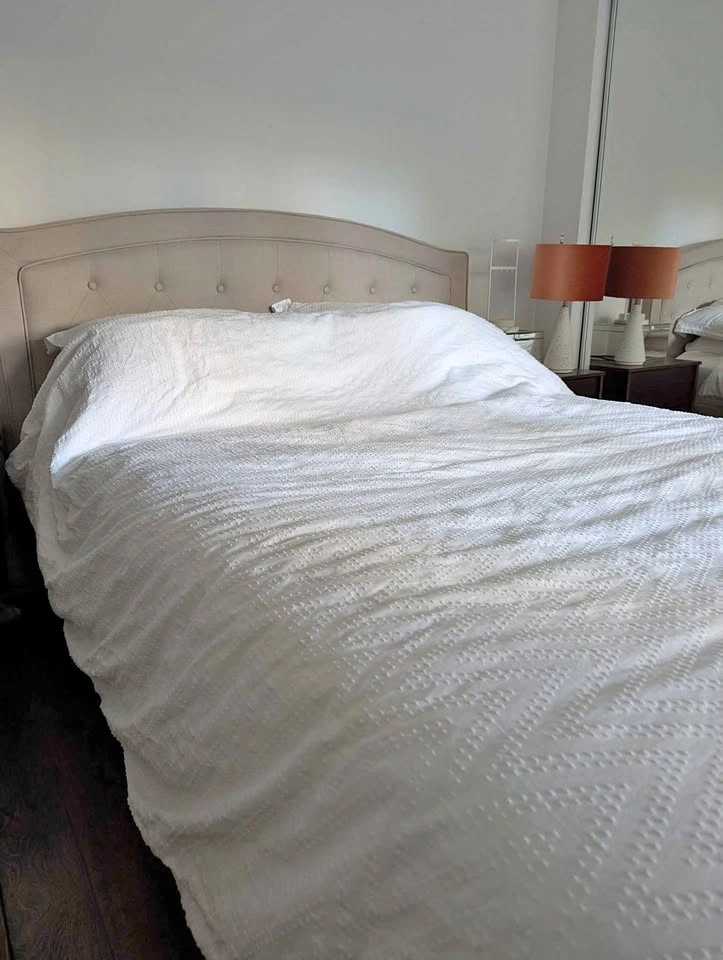 Beige Upholstered Queen Bedframe