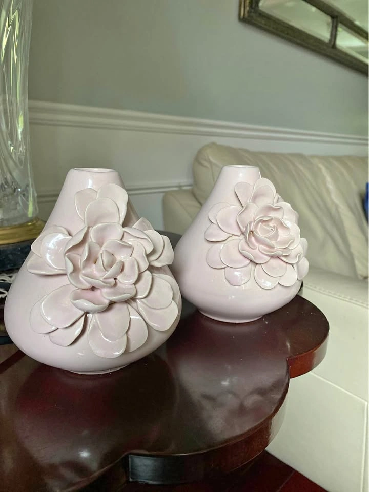 Two 3D Floral Ceramic Bud Vases - Light Pink