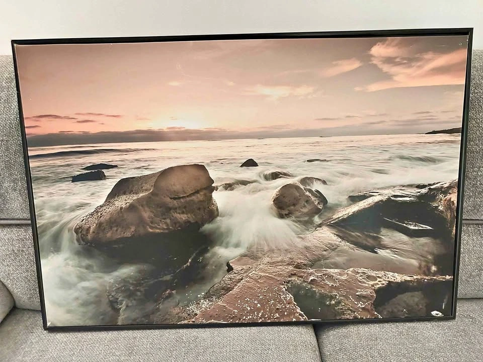 Framed Ocean Waves Wall Art Sunset Rocks