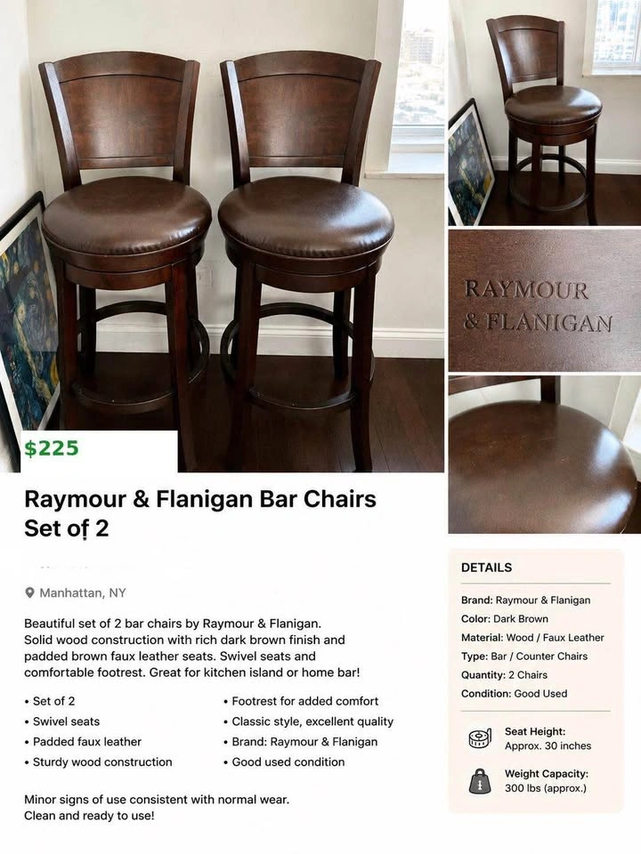 Raymour & Flanigan Solid Wood Swivel Bar Stools - Set of 2