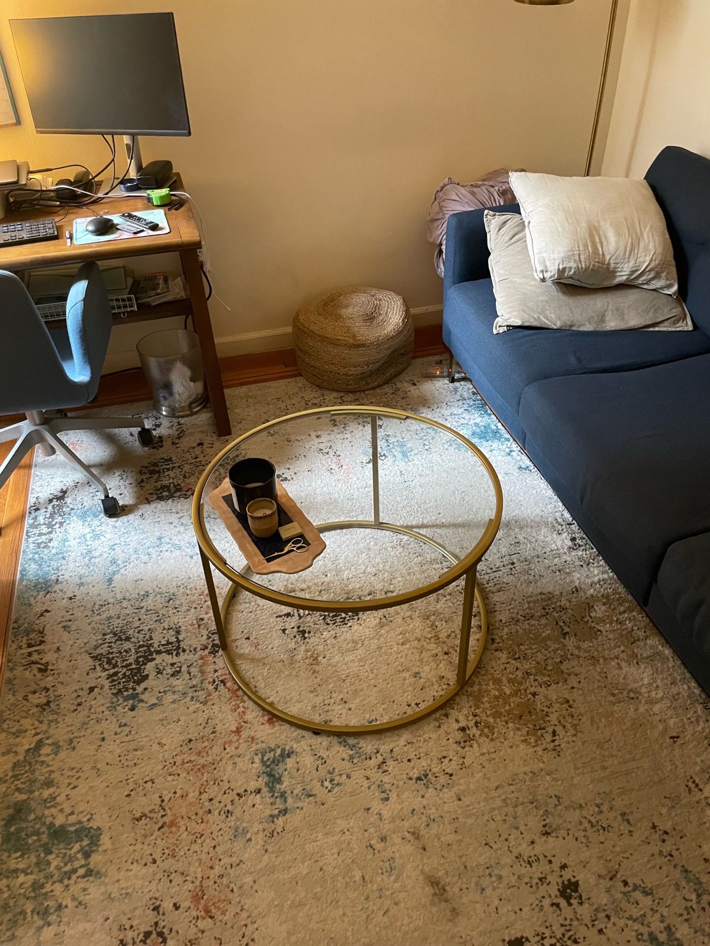 Modern Round Coffee Table - Glass Top & Gold Frame