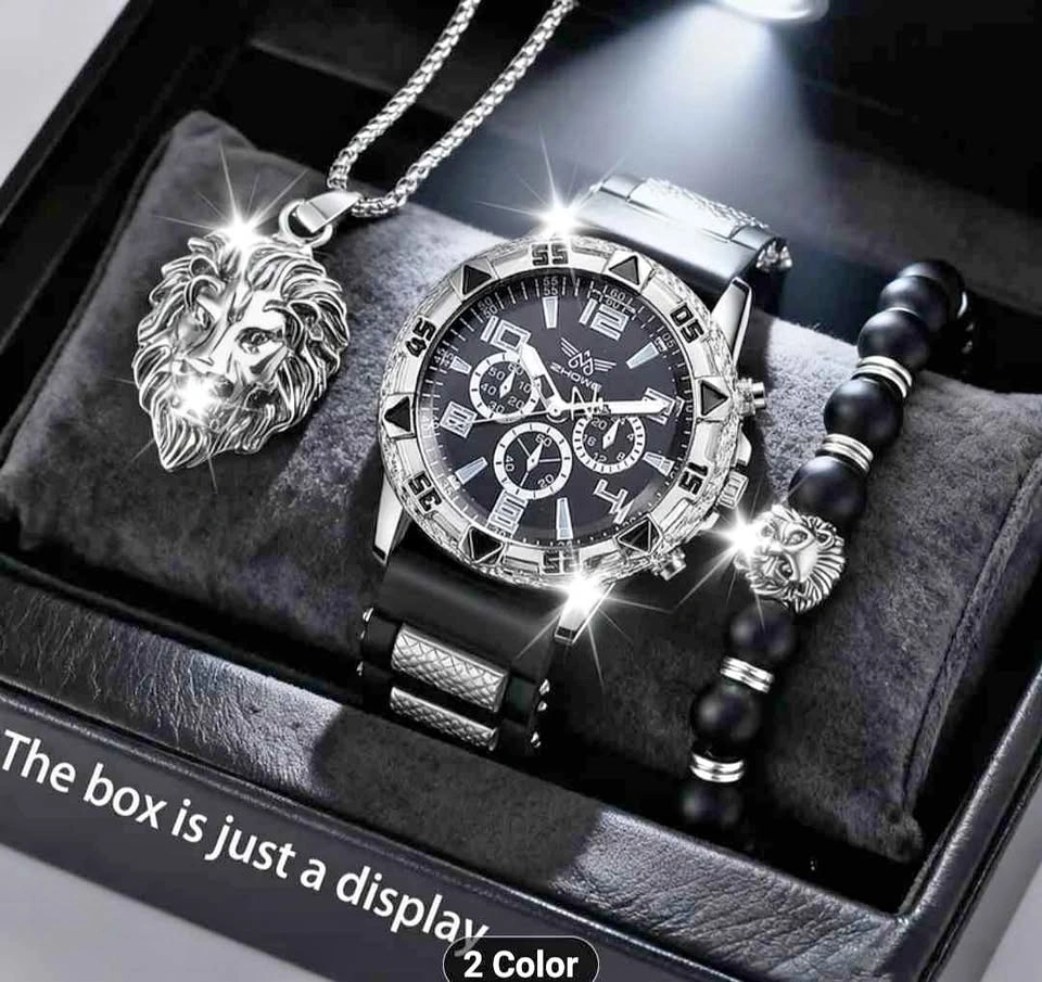 3pcs Men's Watch Set with Lion Head Pendant Necklace & Bracelet