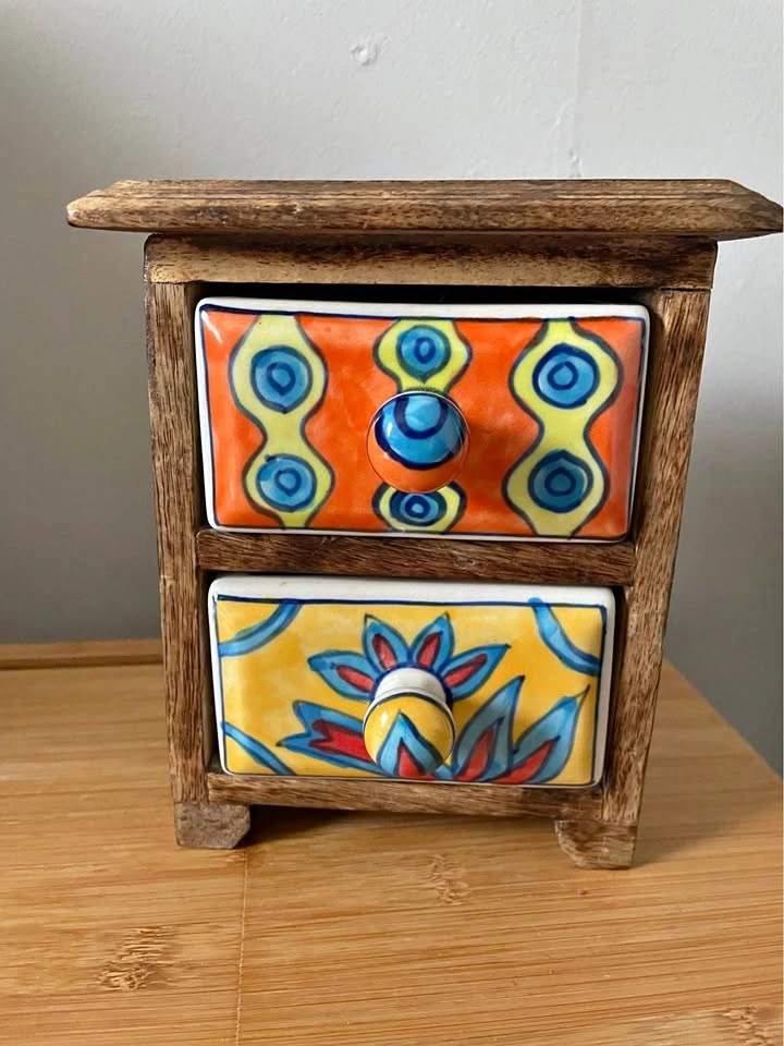 Hand painted ceramic drawer mango wood jewelry organizer