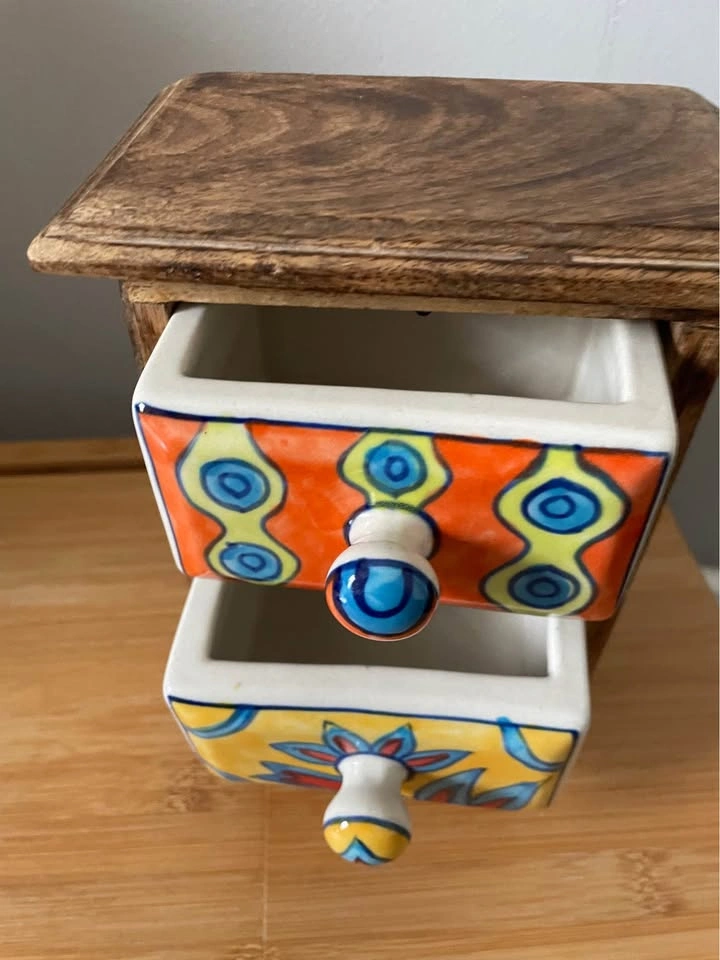 Hand painted ceramic drawer mango wood jewelry organizer - photo 2