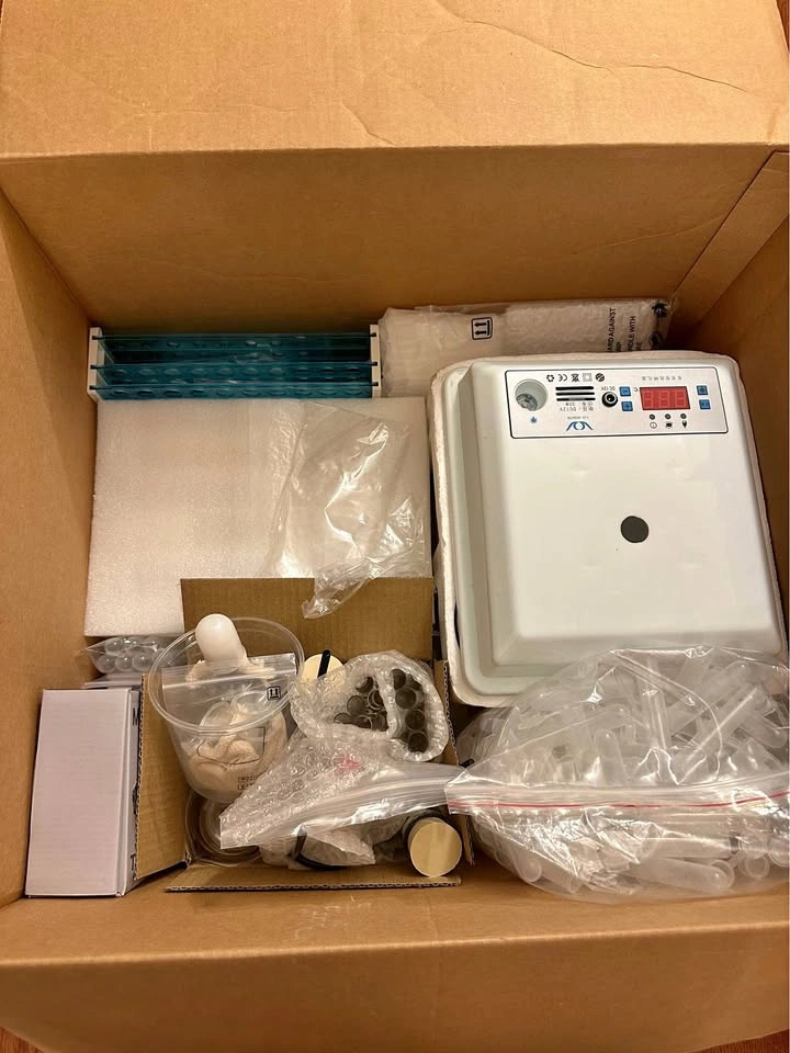 Home Lab Materials: Incubator, Tubes, Scale, Burner, Flasks, Rac