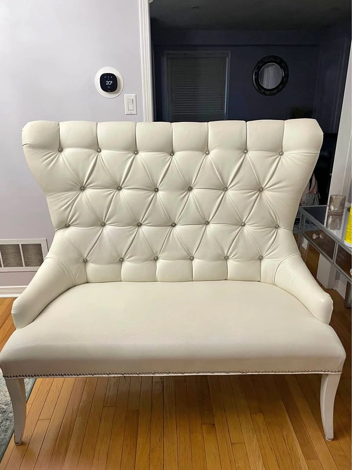 White Faux Leather High Back Tufted Settee