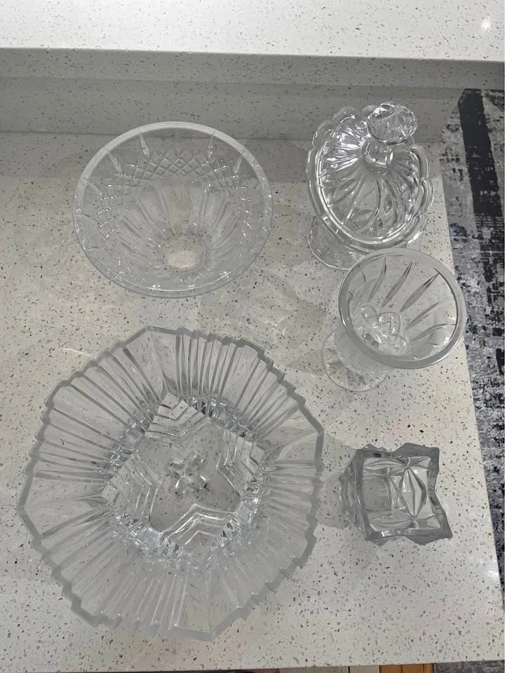Clear Cut Glass Bowls & Dishes Set