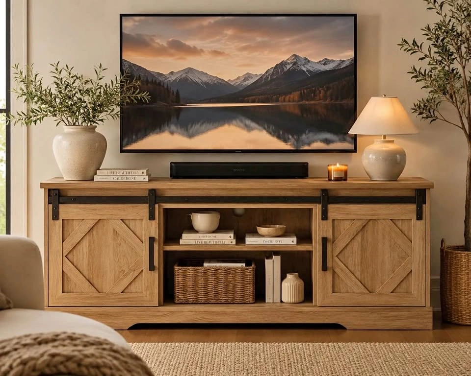 Solid Wood Farmhouse Media Stand – Vintage Oak – Brand New