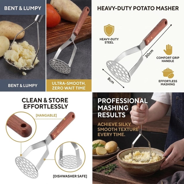 NEW 4Pcs Potato Masher Set Kitchen Tool - Wooden Handle - photo 3