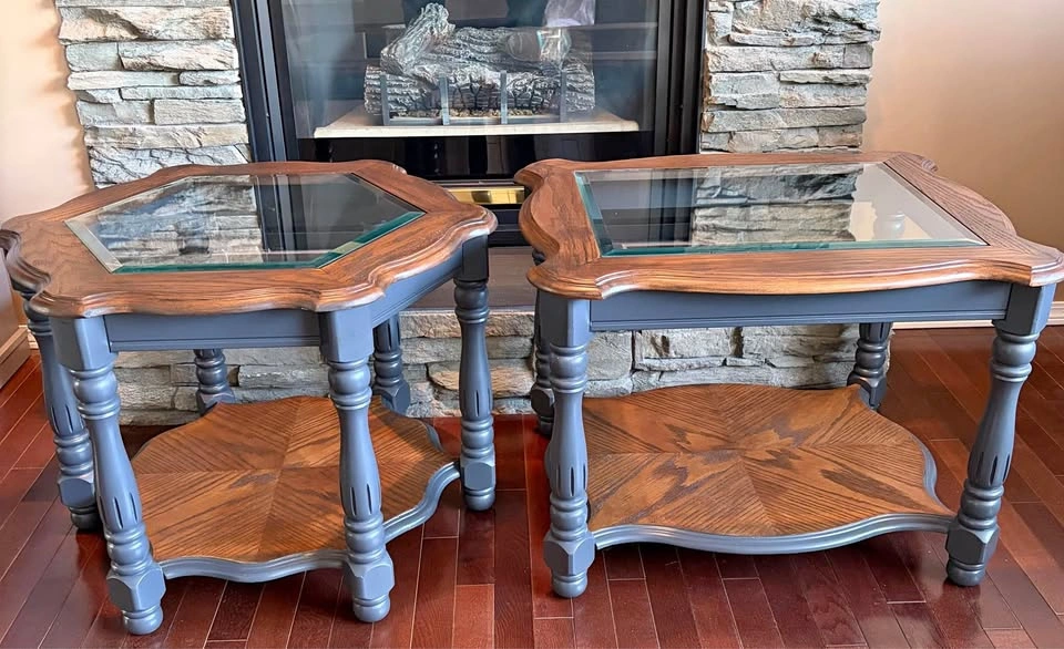 Refinished Solid Wood End Tables / Side Tables – Charcoal & Waln