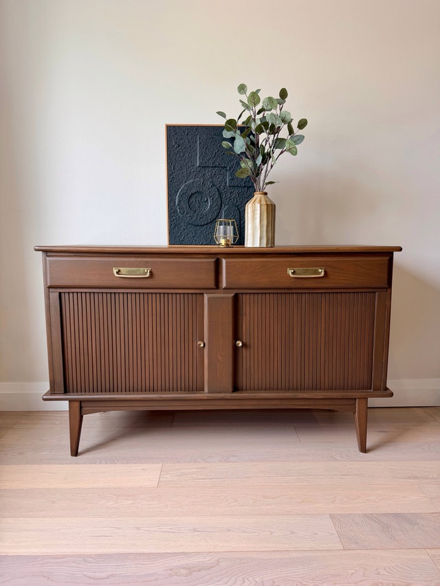 Mid Century Modern Solid Elm Tambour Door Credenza