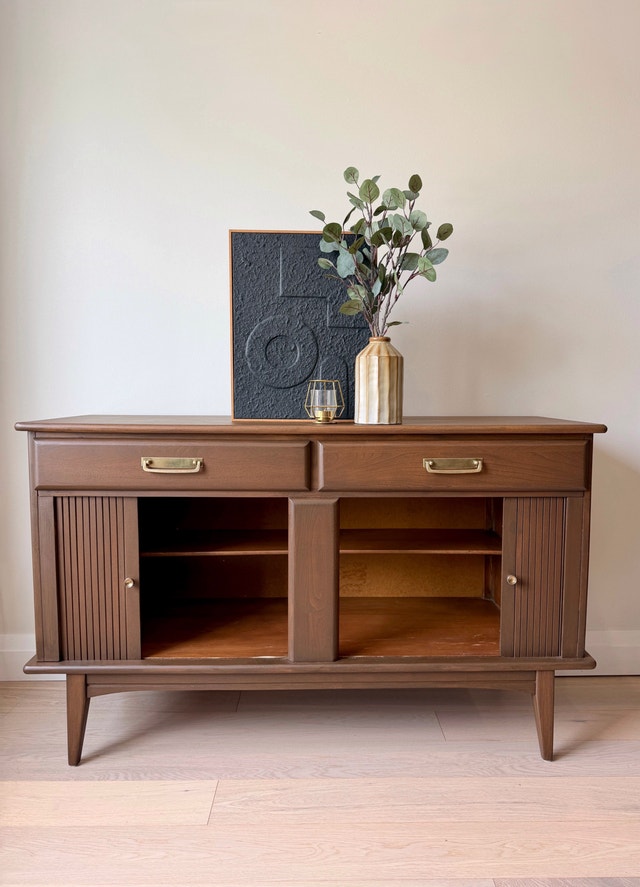 Mid Century Modern Solid Elm Tambour Door Credenza - photo 4