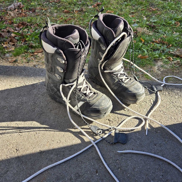 Snowboard, Boots (Size 11), and Bindings