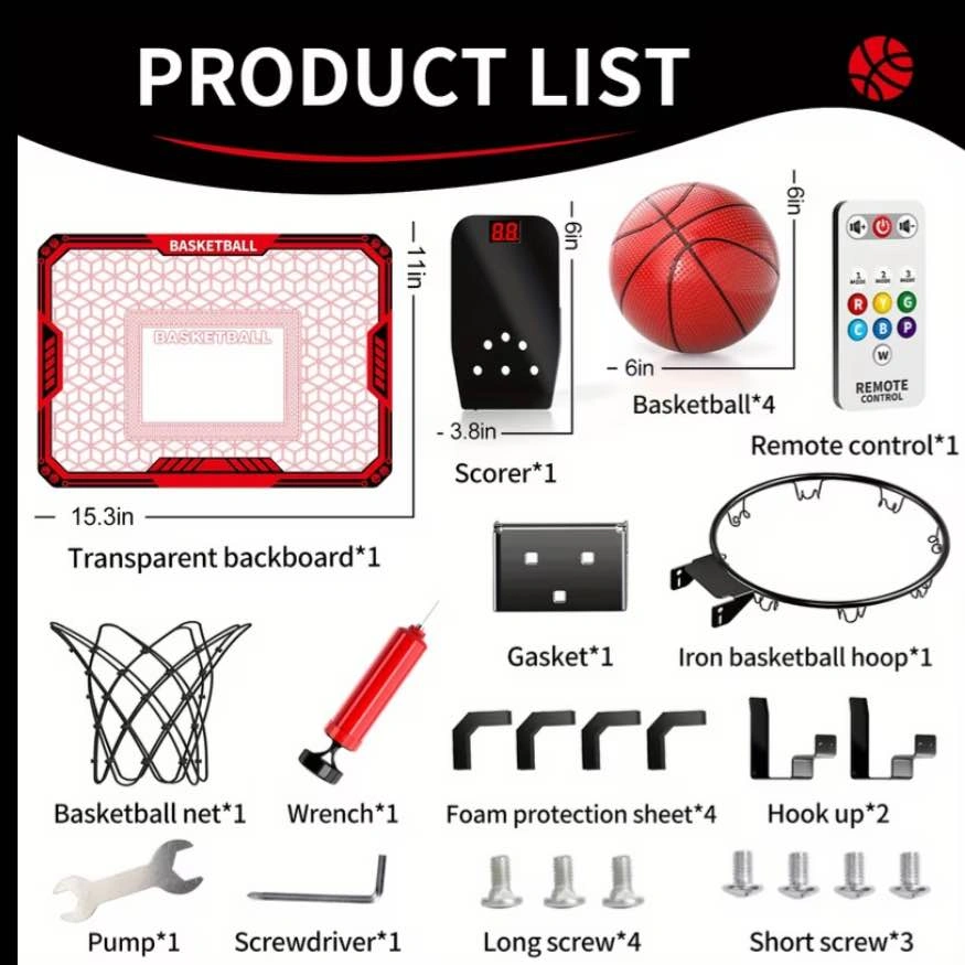 LED Mini Basketball Hoop Set – Score Counter + 4 Balls + Remote - photo 4