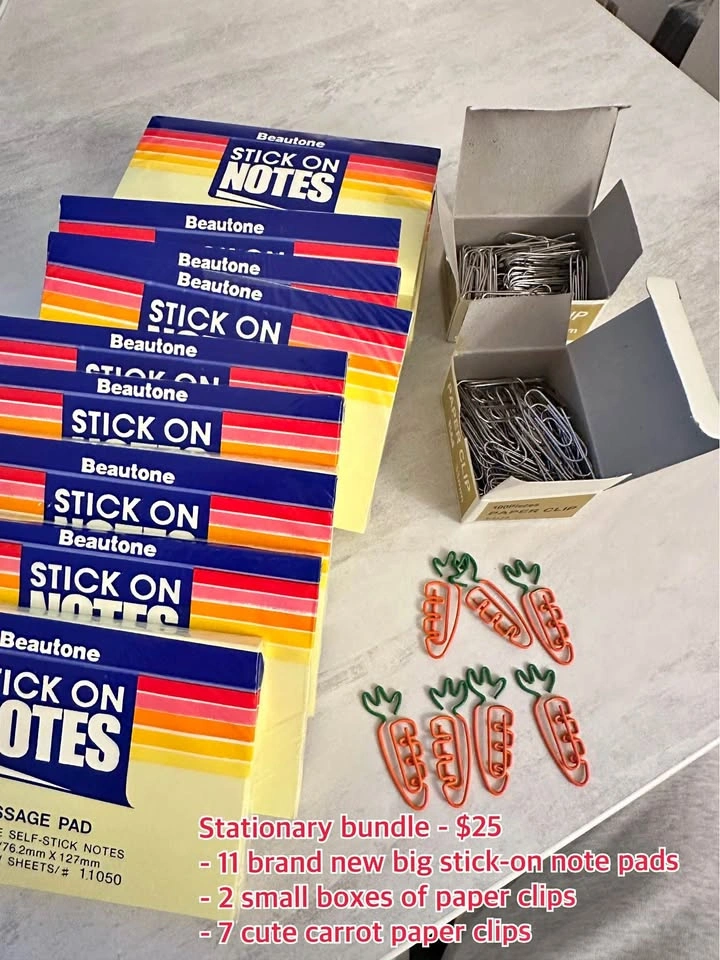 Stationary Bundle: 11 Note Pads, 2 Paper Clip Boxes, 7 Carrot Cl