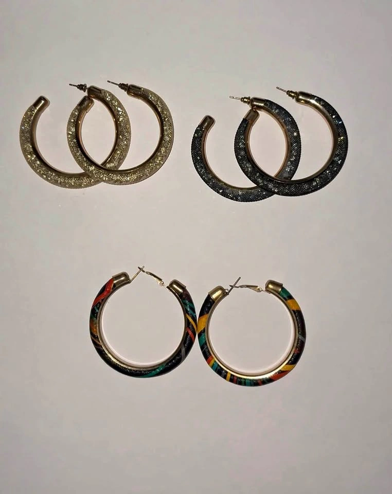 3 Pairs Hoop Earrings - Gold, Black & Multicolor