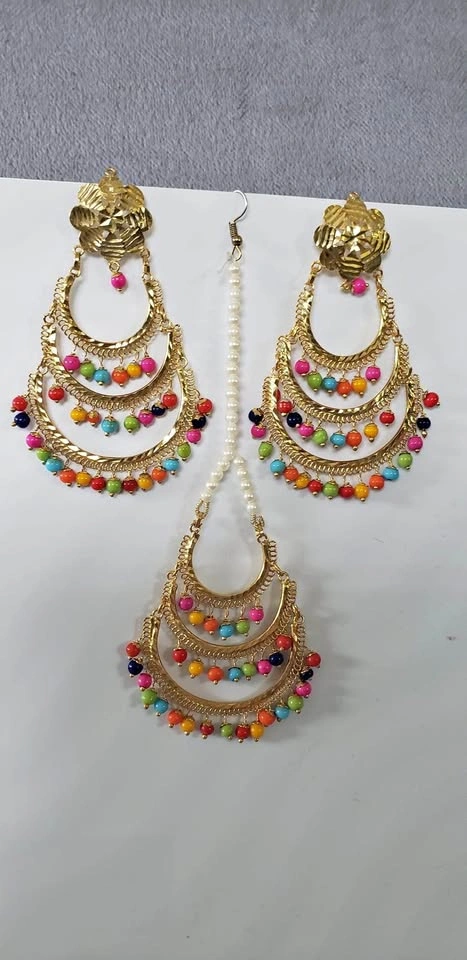 Traditional Punjabi Multicolour Jago Earrings & Tikka Set