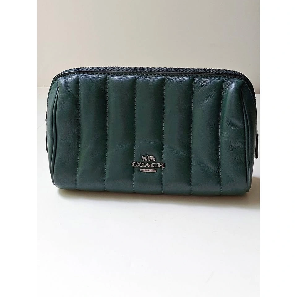 Coach Cosmetic Case 17 Puffy Leather Quilted Pouch Forest Green