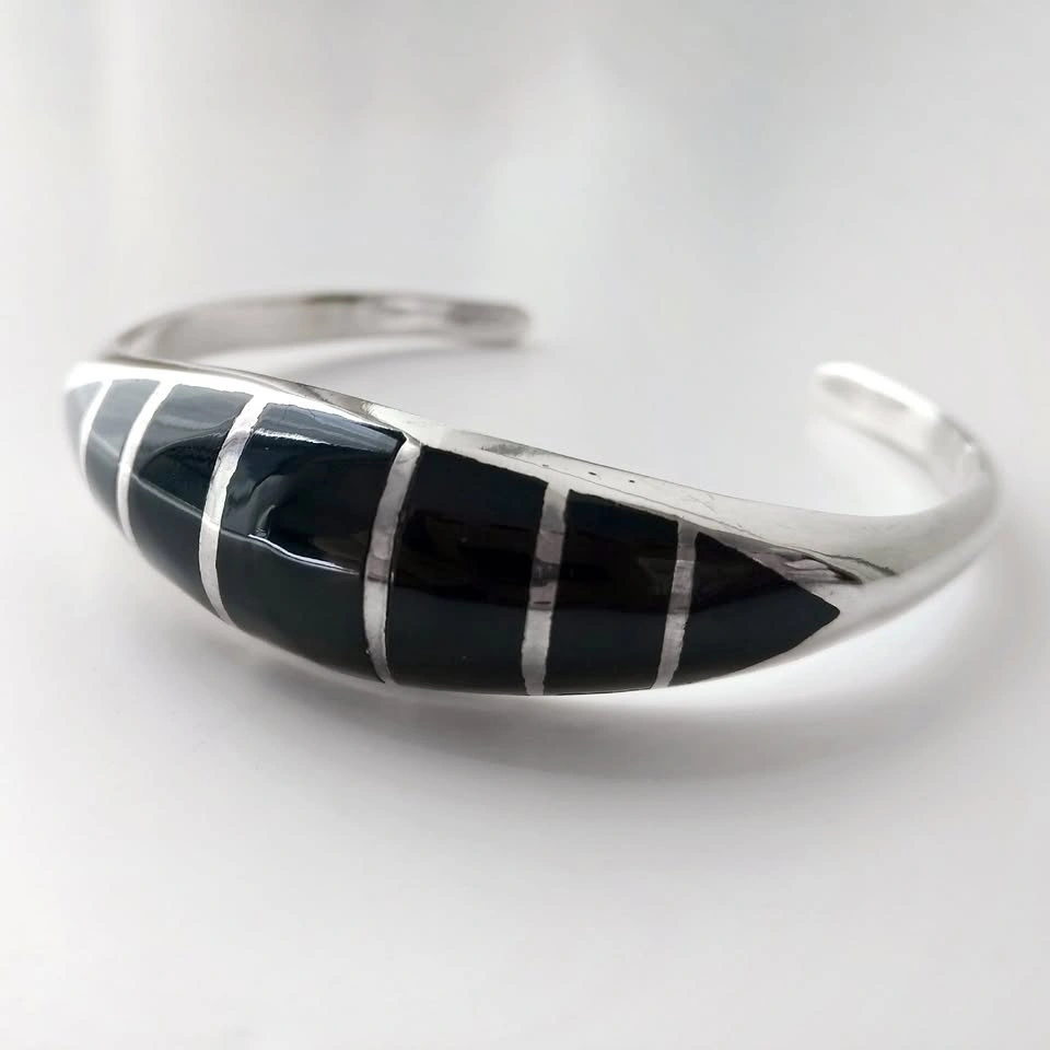 Heavy Sterling Silver Bangle Bracelet Black Enamel Small Wrist