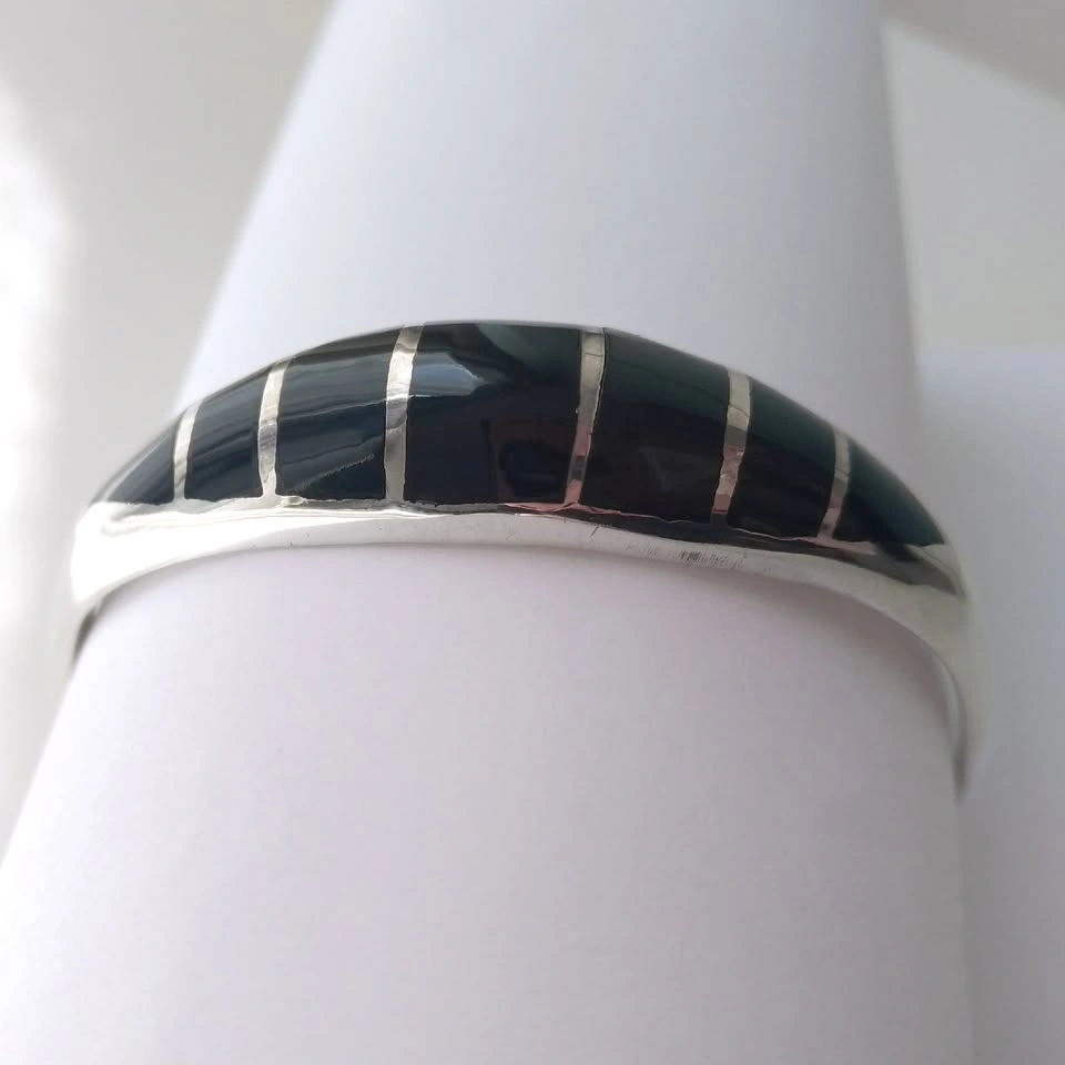 Heavy Sterling Silver Bangle Bracelet Black Enamel Small Wrist - photo 2