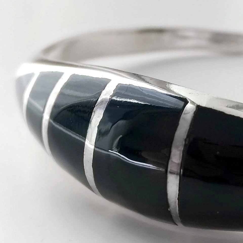 Heavy Sterling Silver Bangle Bracelet Black Enamel Small Wrist - photo 5