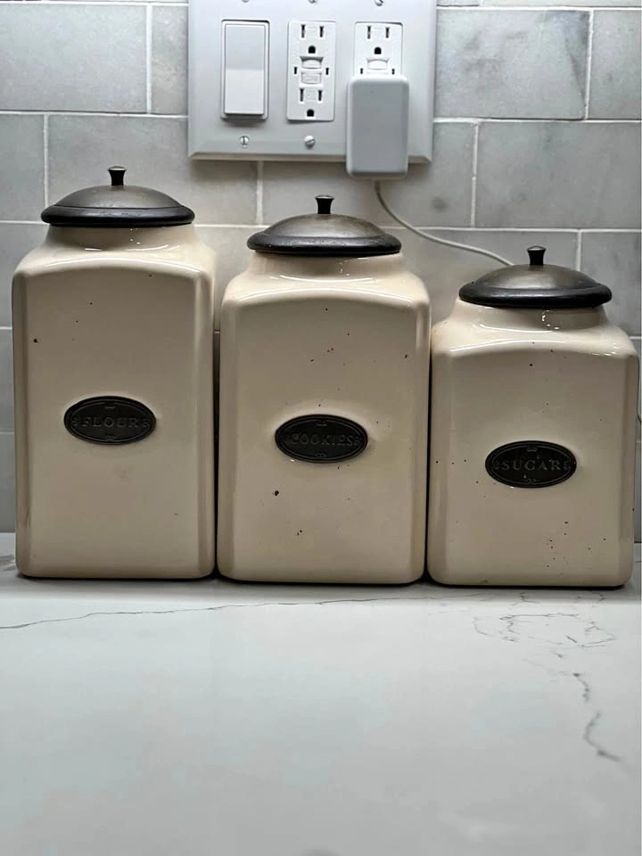 Set of 3 Aged Cream Ceramic Canisters w/ Mango Wood Lids & Brass