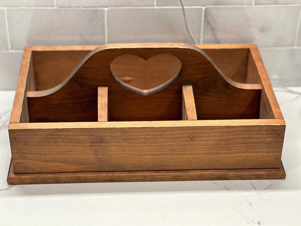 Vintage Farmhouse Wooden Utensil Caddy with Heart Cutout