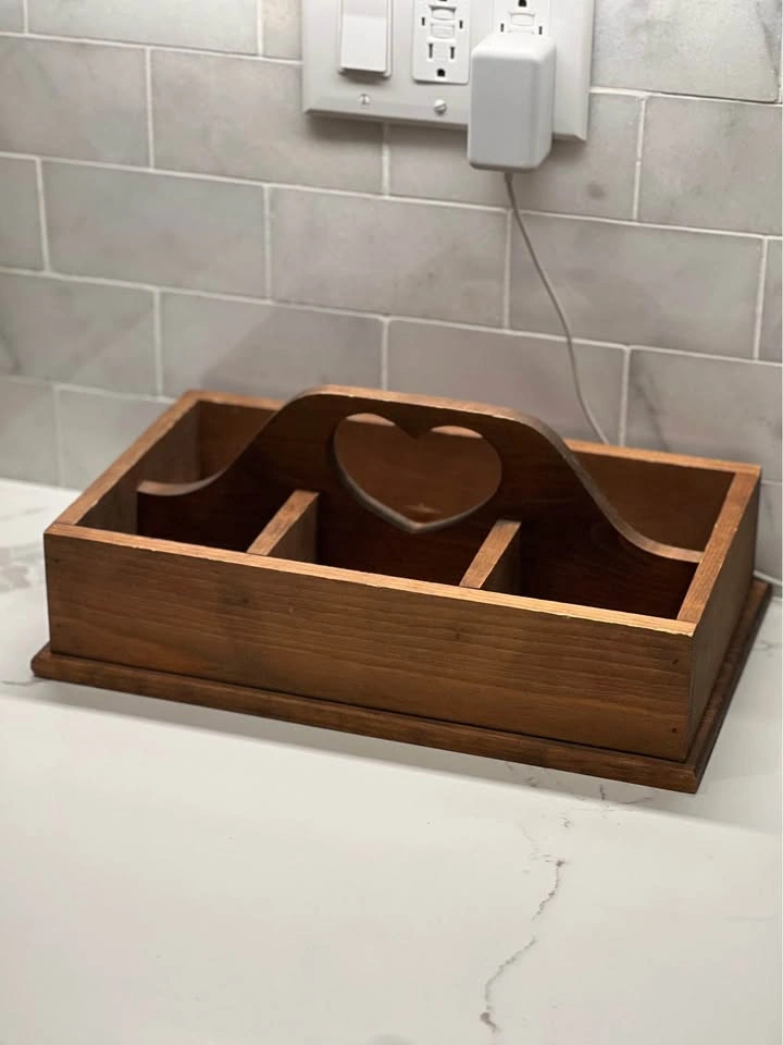 Vintage Farmhouse Wooden Utensil Caddy with Heart Cutout - photo 3