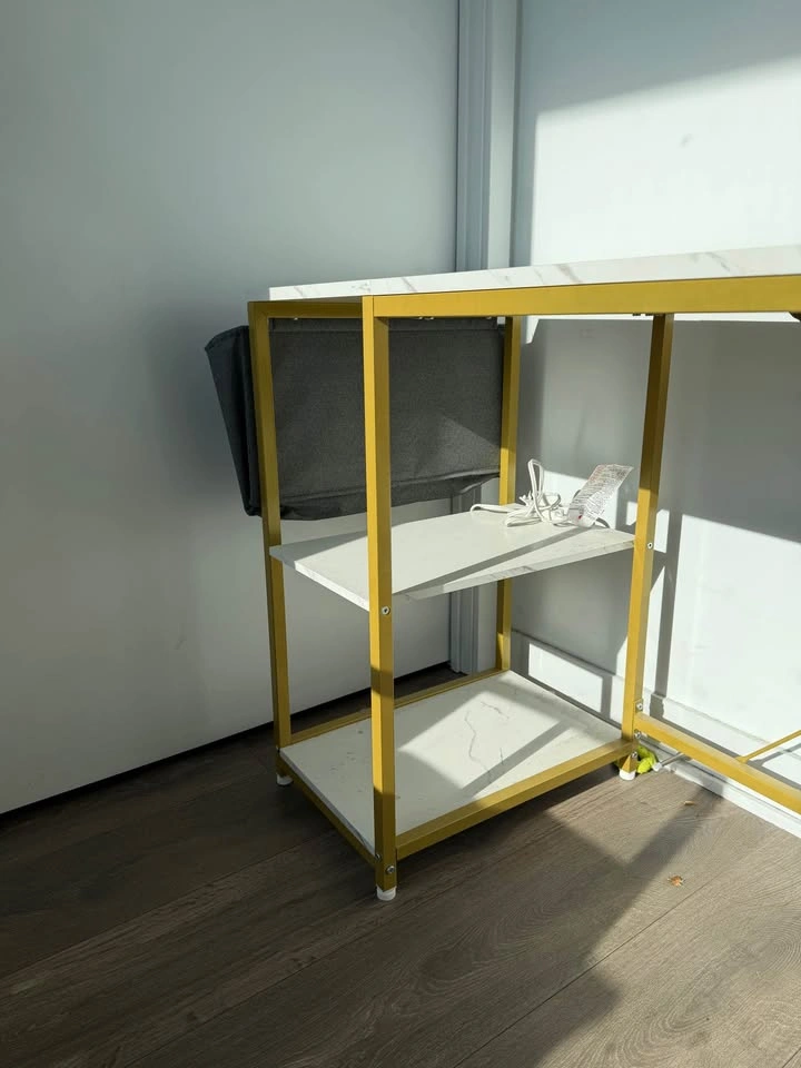 L Shaped Computer Desk with Monitor Stand - White/Gold - photo 5
