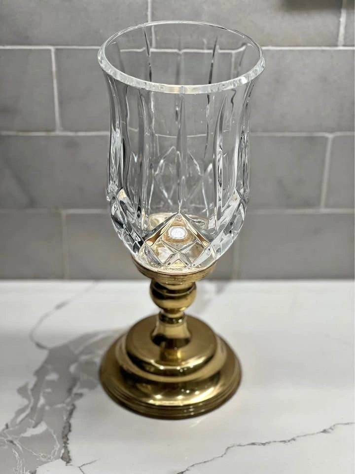 Vintage Crystal Hurricane Lamp with Brass Base