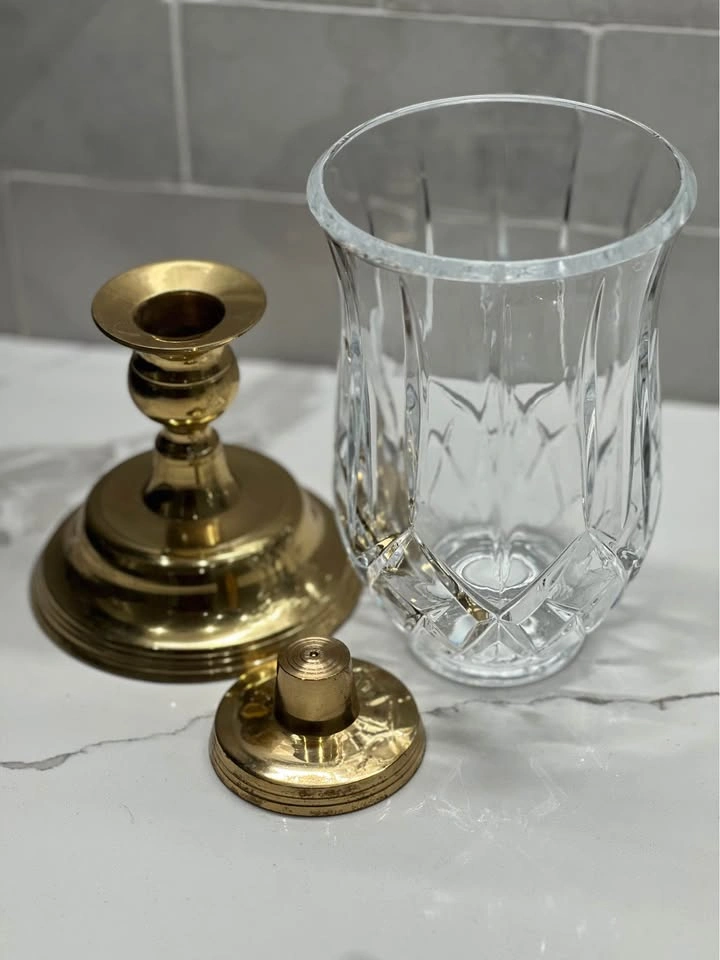 Vintage Crystal Hurricane Lamp with Brass Base - photo 3
