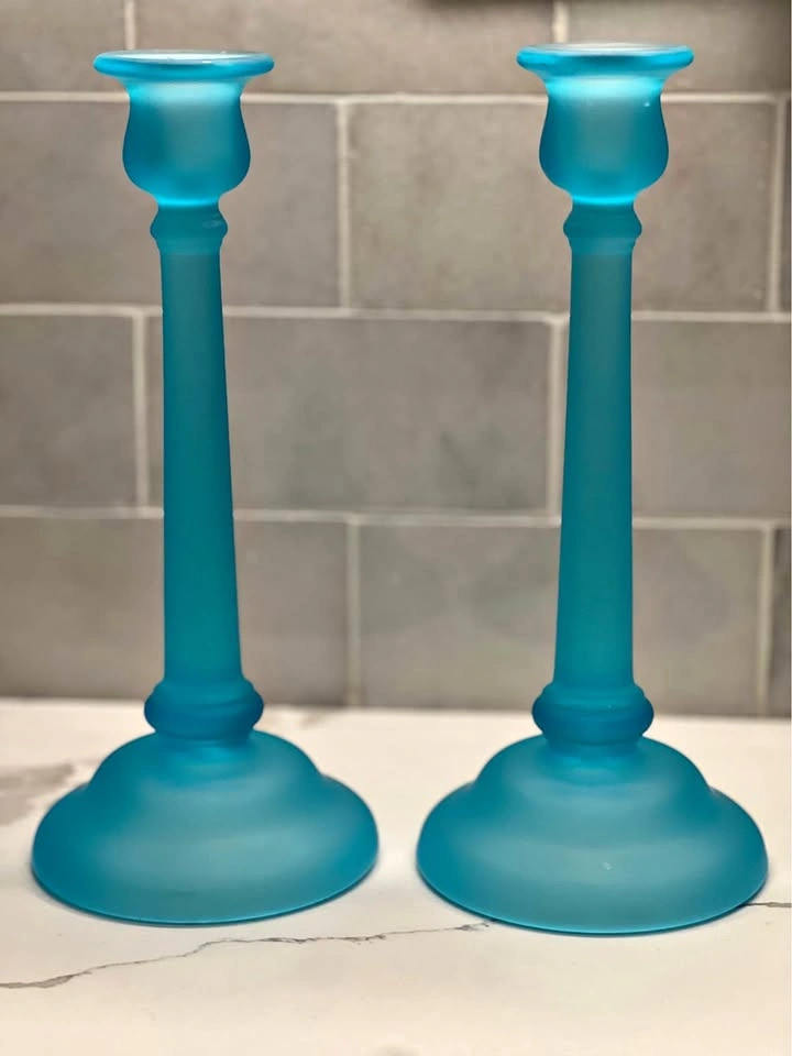Vintage Tiffin Glass Sky Blue Satin Candle Holders (Pair)