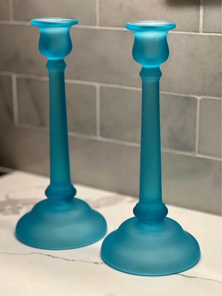 Vintage Tiffin Glass Sky Blue Satin Candle Holders (Pair) - photo 3