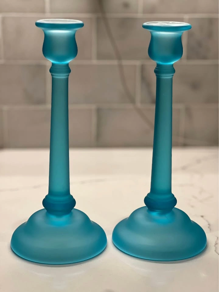 Vintage Tiffin Glass Sky Blue Satin Candle Holders (Pair) - photo 4