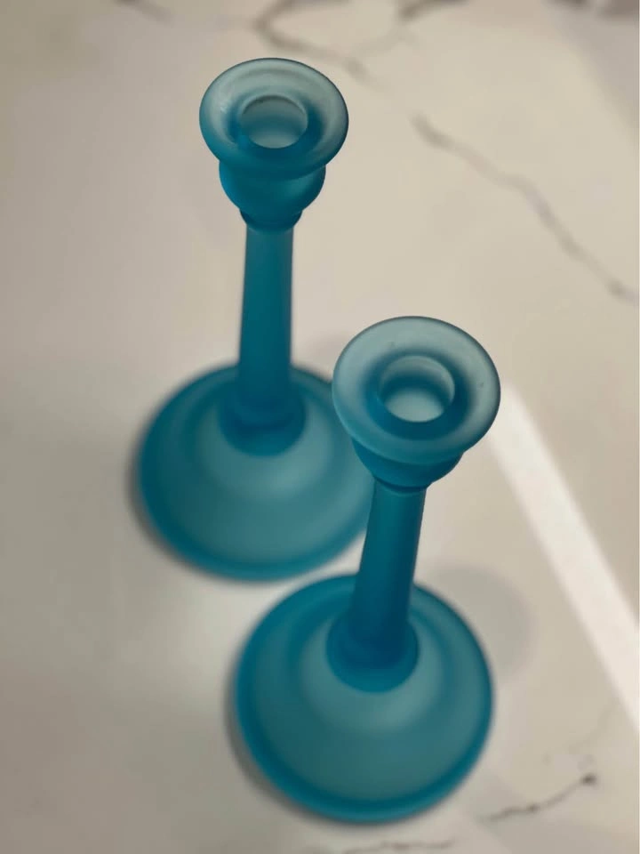Vintage Tiffin Glass Sky Blue Satin Candle Holders (Pair) - photo 5