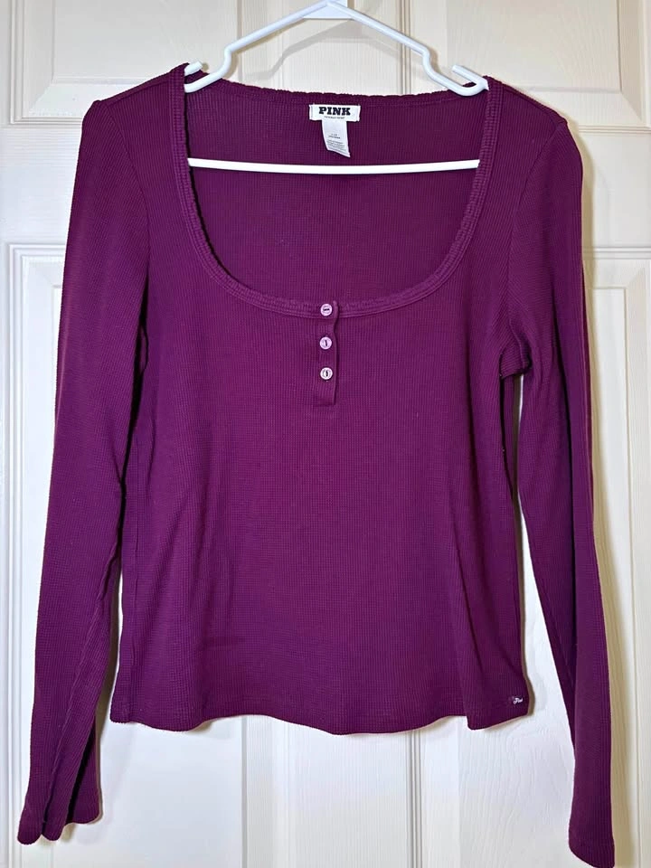 PINK Victoria's Secret Plum Long Sleeve Waffle Knit Henley Top