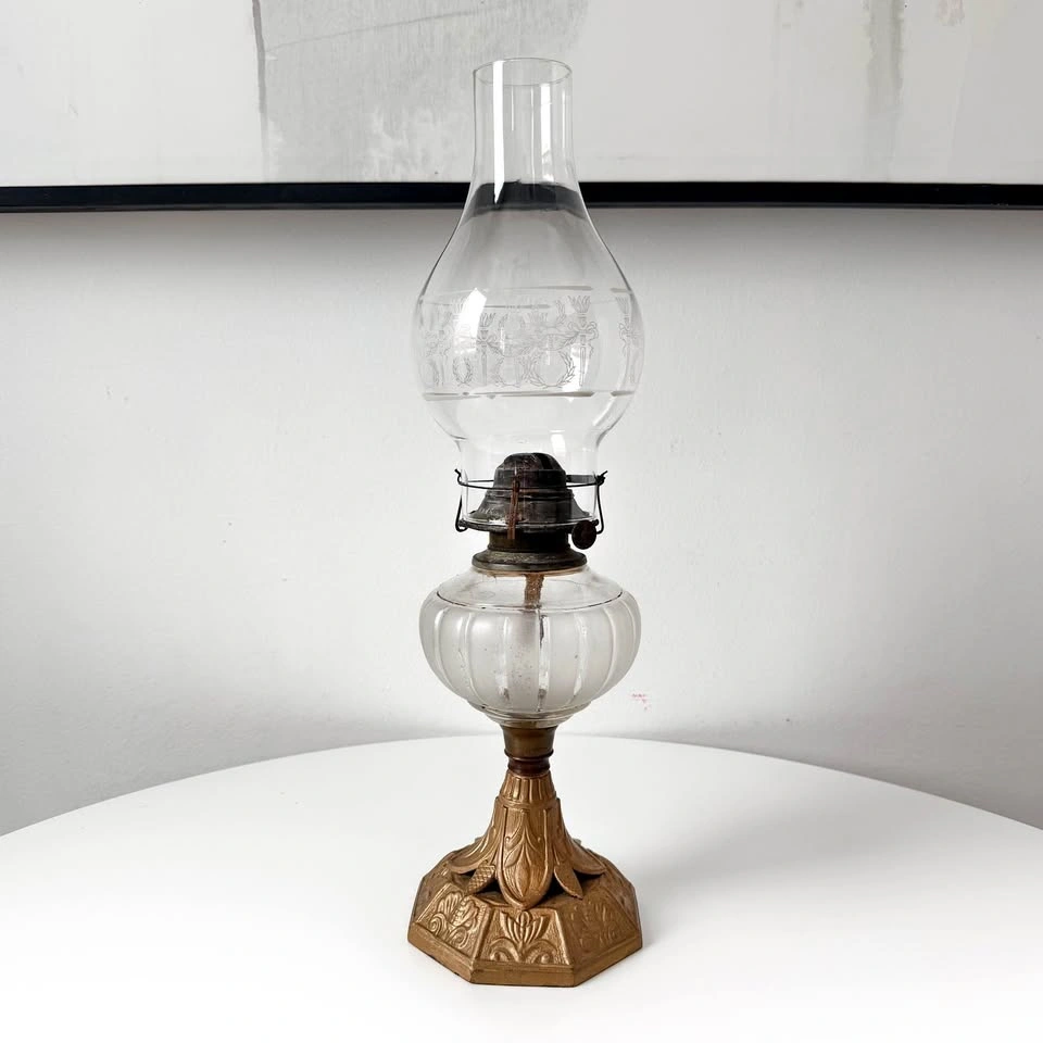 Antique Banner Oil Lamp w/ Cast Iron Base