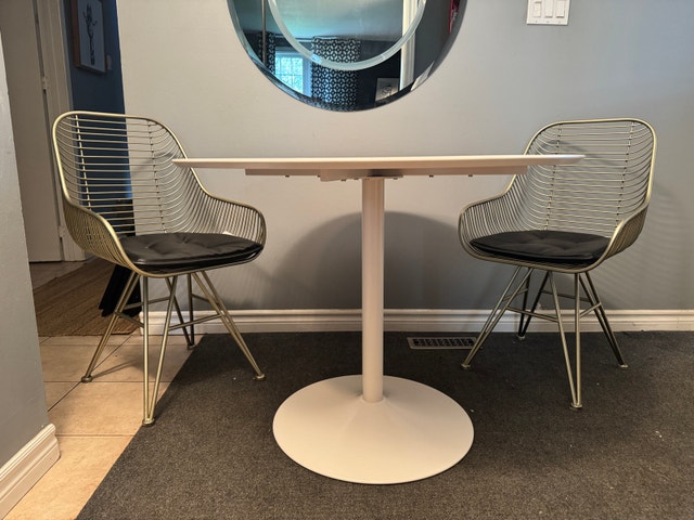 CB2 Odyssey White Round Table and 2 Chairs