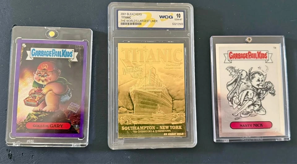 Three specialty collector cards GPK, Titanic in “gold”