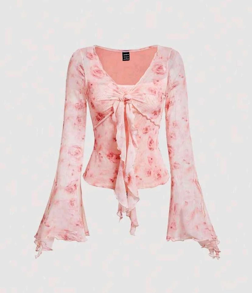 Size Medium Pink Floral Blouse with Flowing Wide Sleeves