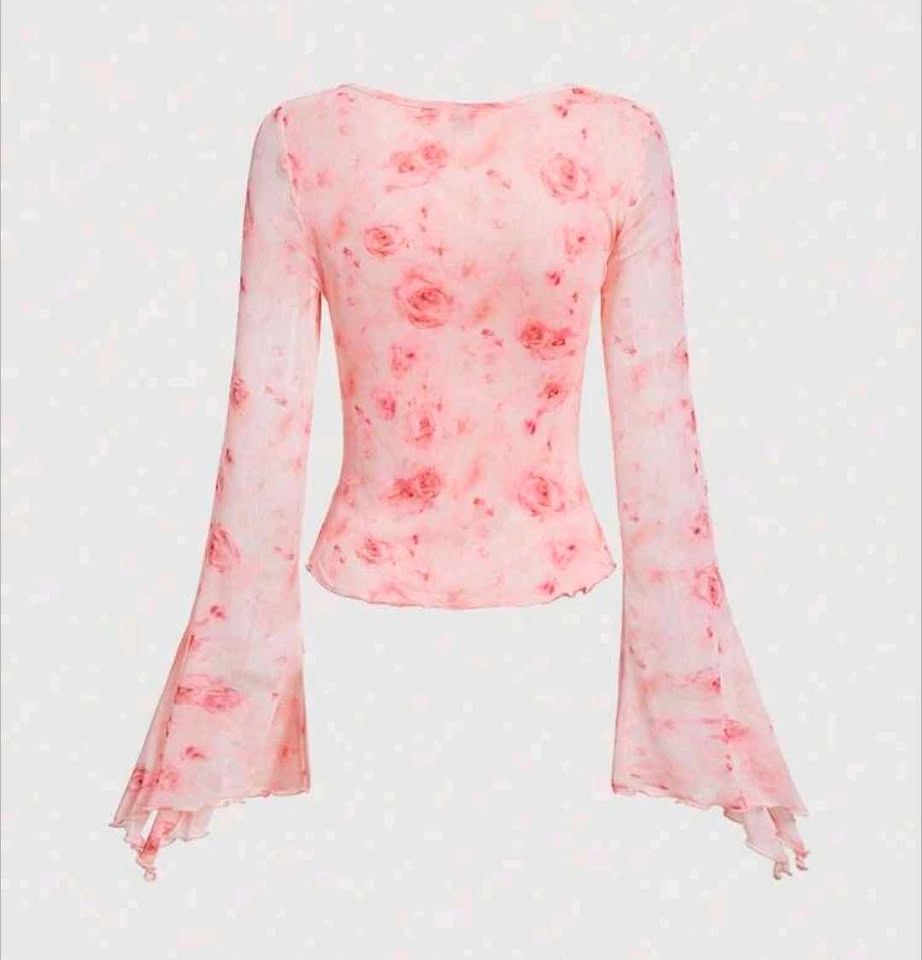 Size Medium Pink Floral Blouse with Flowing Wide Sleeves - photo 2