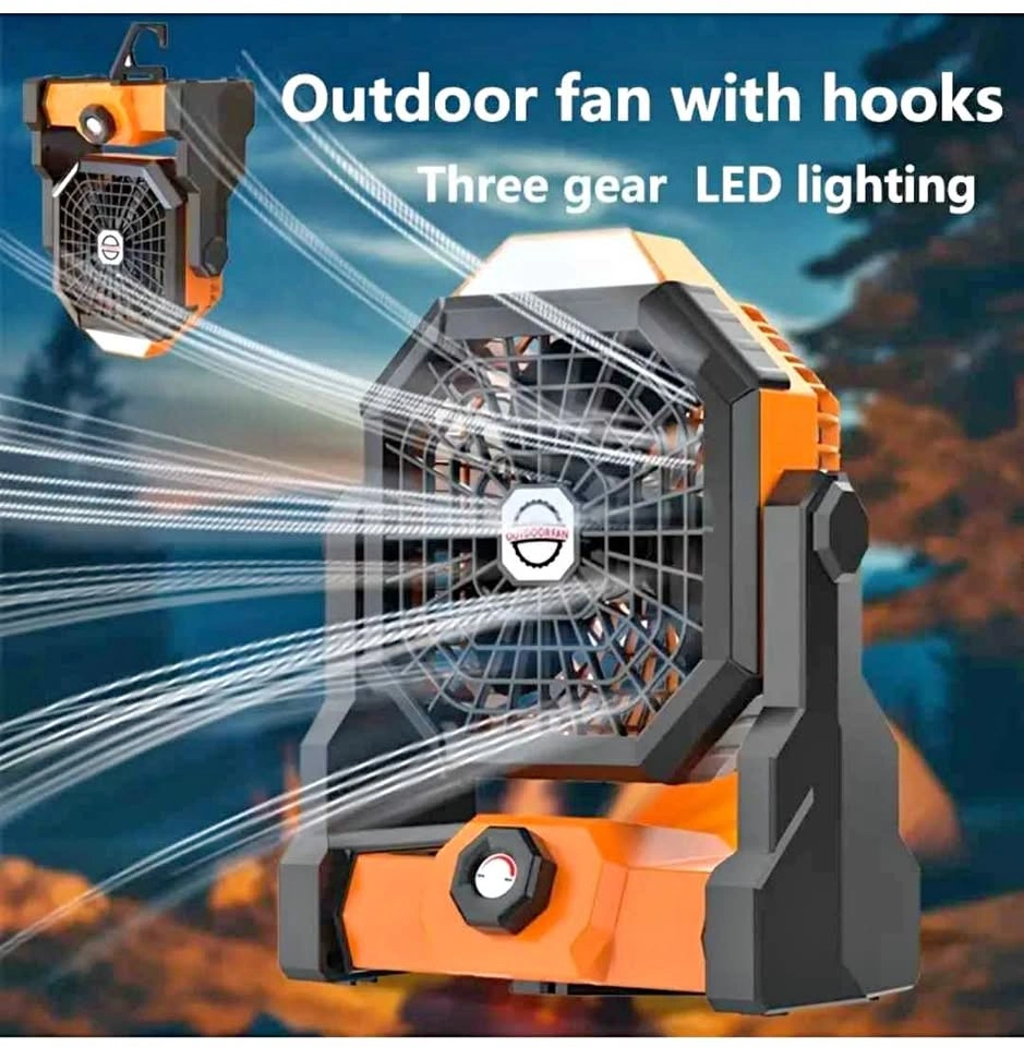 Outdoor fan with LED lighting and hooks
