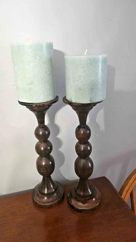 Pair of Wooden Candlestick holders thumbnail