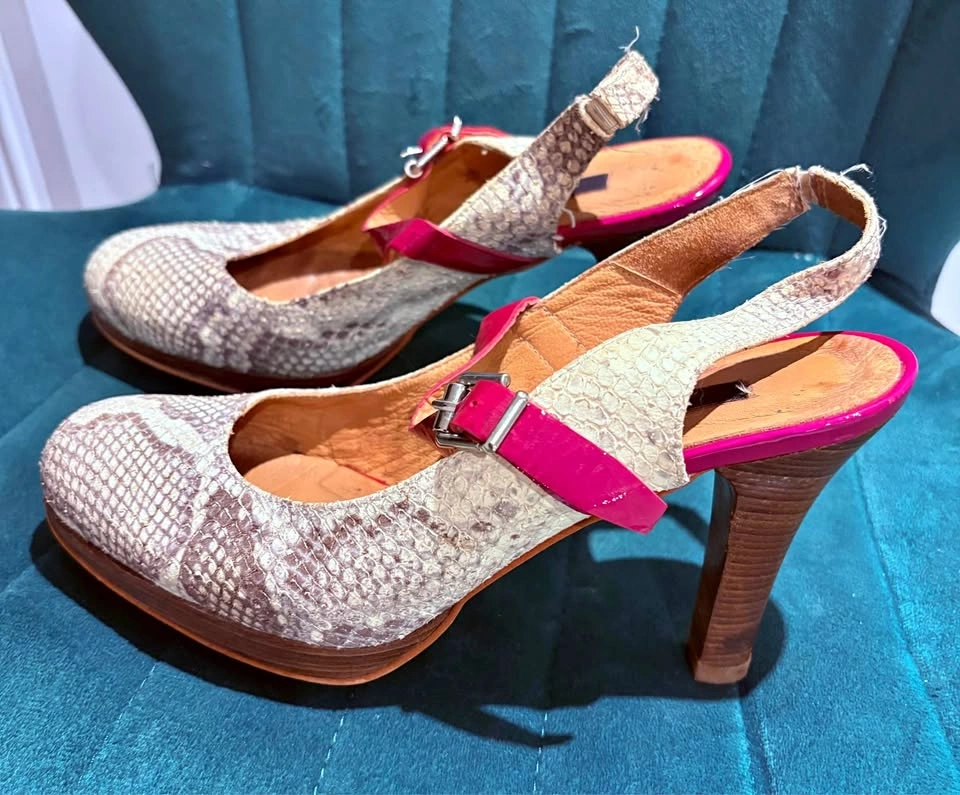 Snakeskin Print Pink Slingback Platform Heels