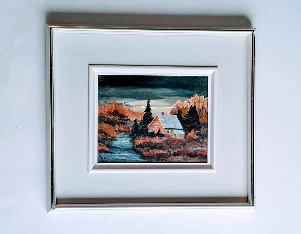 Original Oil Painting of Autumn Cottage in Wood Frame